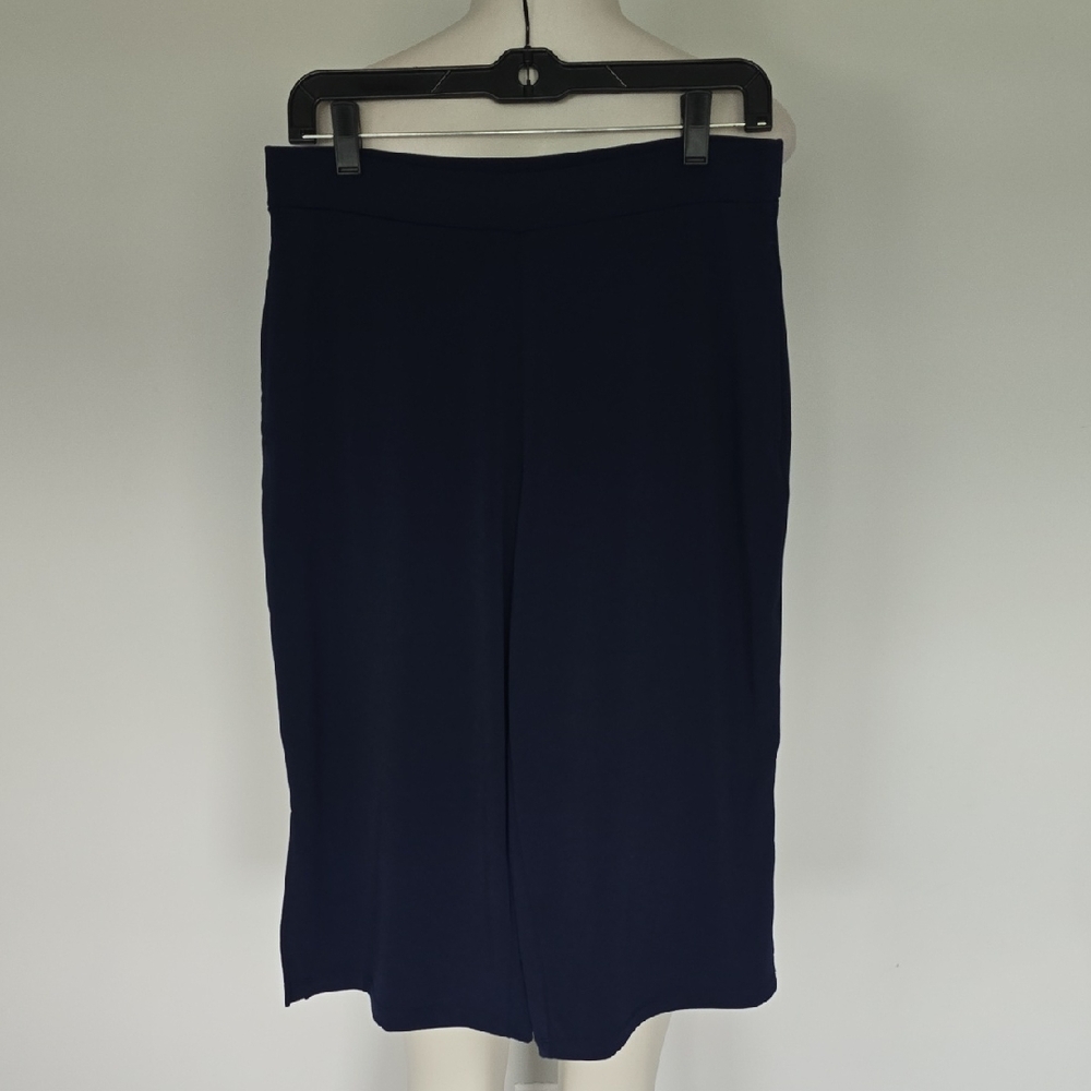 Susan Graver navy blue Liquid Knit Crop Pants with side slits-PS